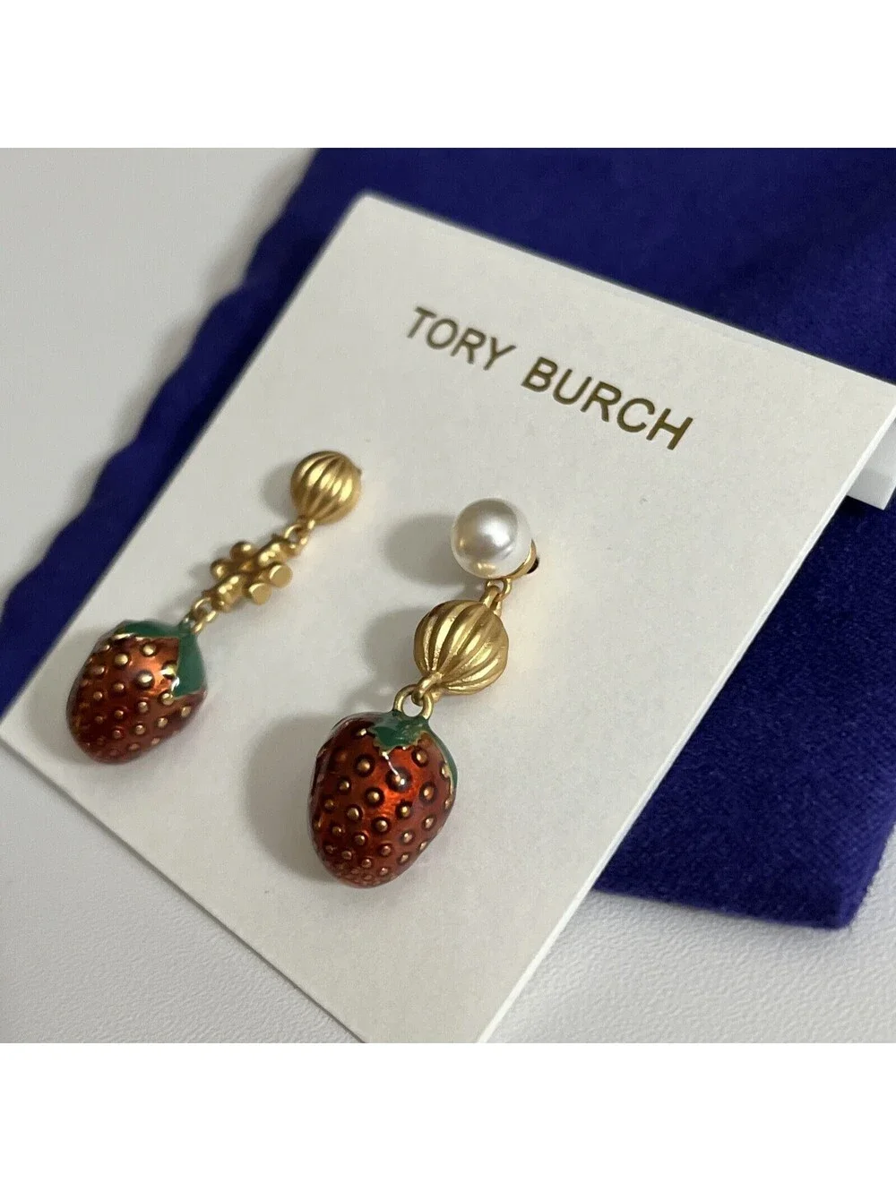 Tory Burch Earrings Gold Plated Dangle Drop Pearl Strawberry Double T Logo